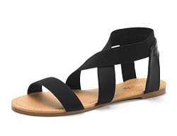 Dream Pairs Women's ELATICA-6 Black Elastic Ankle Strap Flat Sandals - 9 M Us