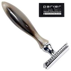 Parker 11R Genuine Ox Horn Handle Double Edge Safety Razor & 5 Shark Super Chrome Blades