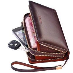 Teemzone Men's Genuine Leather Business Clutch Wrist Bag Handbag Organizer Card Cash Holder Brown