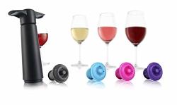 Vacu Vin The Original Wine Saver Pump - Black With 4 Vacuum Bottle Stoppers 1 Grey And 3 Colored Stoppers Set