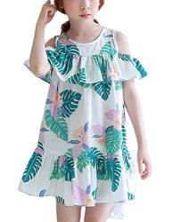 Loose Feiterawn Casual Dress For Girls Summer Tropical Floral Printed Ruffle Cold Shoulder Pleated A Line Beach Dresses Height 55.1 Inch Printed