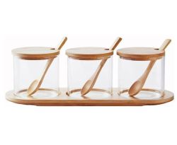 3 Piece Spice Organizer Glass Spice Jar With Bamboo Lid Spoons & Tray 300ML