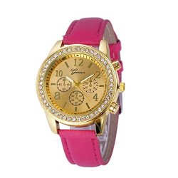 Ruhiku Gw Wristwatch Faux Chronograph Quartz Classic Round Ladies Women Crystals Watch Hot Pink