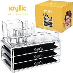 Acrylic Makeup Jewelry Cosmetic Organizer - Set Of 3 Extra Deep Drawers That Maneuver Smoothly With Separate Stackable Lipstick & Nailpolish Holder Made With