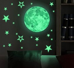 Marsway Removable 30CM Moon Stars Glow In The Dark Sticker Night Luminous Kids Room Wall Decal Stickers