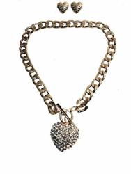 Enigma Nyc-gear Gold Plated Chunky 3D Heart With Lab Diamonds Pendant Chunky Link 20" Necklace 4MM Chain W heart Shape Earring Set
