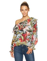 Ella Moon Women's Padma Long Sleeve One Shoulder Double Ruffle Swing Top Tropical Floral Print Medium