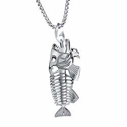 Oakky Men's Stainless Steel Fish Skull Skeleton Bone Pendant Necklace Gothic Fishing Hook Hip Hop With 23.6 Inch Chain Silver