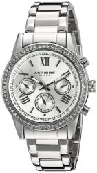 Akribos XXIV AK872SS Women's Round Silver Dial Crystal Accent Three Hand Quartz Bracelet Watch