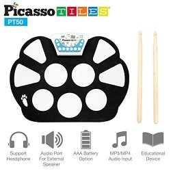 Picassotiles PT50 Flexible Roll-up Educational Electronic Digital Music Drum Kit W Recording Feature 7 Different Drum Styles 9 Different Rhythm Songs Headphone speaker Required For Use- Blue