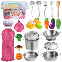 Juboury Kitchen Pretend Play Toys With Stainless Steel Cookware Pots And Pans Set Cooking Utensils Apron & Chef Hat Cutting Vegetables For Kids Girls Boys Toddlers