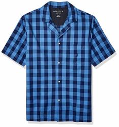 Nautica Men's Short Sleeve 100% Cotton Soft Woven Button Down Pajama Top Blue Depths Medium