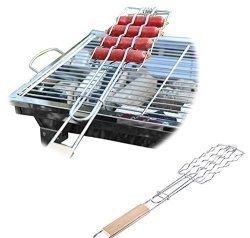 Metal Wooden Handle Bbq Sausage Grilling Basket Grill Rack Hot Dog Mesh Clips Barbecue Tools.