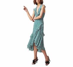 Oemncd Women French Style Floral Print Asymmetric Frills Party Deep V Neck Sleeveless High Low Midi Dress Sky Blue