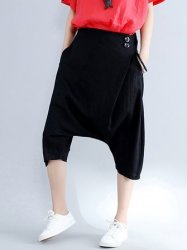 Women Elastic Waist Hip-hop Capri Pants Black Pockets Harem Pants