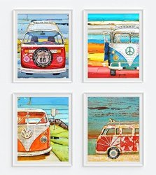 Volkswagen Vw Bus Van Art Prints Set Of 4 By Danny Phillips Unframed Mixed Media Collage Wall Art Decor Posters 8X10 Inches