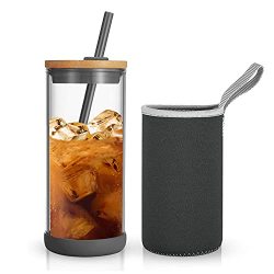 Tronco 20oz Glass Tumbler Glass Water Bottle Straw Silicone Protective Sleeve Bamboo Lid - BPA Free (Amber)