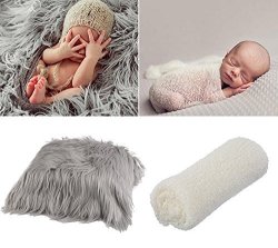 Aniwon 2PCS Baby Photo Props Long Ripple Wraps Diy Blanket Newborn Wraps Photography Mat For Baby Boys And Girls Grey & Milk White