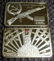 Ussr Soviet Kalashnikov Gun Gold Clad Brass Bar 1 Tr. Oz