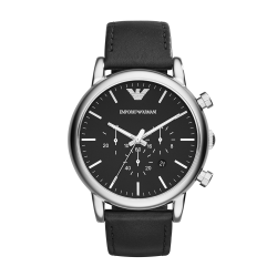 Emporio Armani Men&apos S Stainless Steel & Black Leather Chronograph Watch