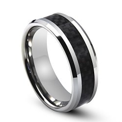 White Titanium Ring With Black Carbon Fiber Check Pattern Inlay Beveled Edges 8MM 12