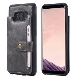 Galaxy S8 Case Leather Grey Wallet Card Slot Wrist Hand Kickstand Protective Magnetic Snap Men Boy Girl Durable Cover Shell For Samsung S8 64GB 5.8INCHES