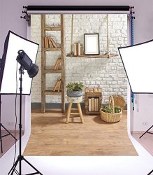 Laeacco 5X7FT Vinyl Photography Backdrop Interior Wood Ladder Abstract Bookcase Green Plants Basket Whitewashed Brick Wallpaper Rustic Wooden Floor Photo Background Children Baby Portraits