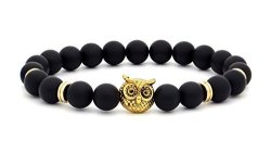 Black Agate Onyx Lucky Stone Golden Owl Charm Energy & Power Beads Bracelet Fits All Men Women Stretchable
