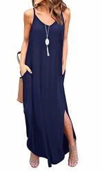 Grecerelle Women's Summer Casual Loose Dress Beach Cover Up Long Cami Maxi Dresses With Pocket Navy Blue-s
