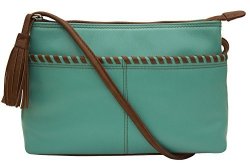 ILI 6689 Leather East-west Whip-stitch Crossbody Handbag Turquoise Toffee