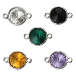 Connectors - Round - Silver Tone - Faceted - Assorted Colors - Rhinestone - 22.0mm X 15.0mm