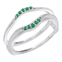 Silver Gems Factory Women's 14K Gold Plated 1 10 Ct Created Green Emerald Round Ladies Anniversary Wedding Band Guard Wrap Enhancer Solitaire Ring