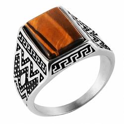 Hzman Men's Vintage Brown Tiger's Eye Ring Stainless Steel Band Rectangle 11