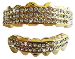 Hip Hop Gold-tone Removeable Mouth Grillz Set Top & Bottom Ballers Ice