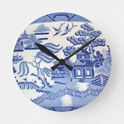 Oswaldo Blue Willow Kitchen Clock Decorative Round Wooden Wall Clock - 12 Inch