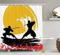 Ambesonne Japanese Decor Shower Curtain Set By Watercolor Style Silhouette Ofwarrior Ninjas In The Moonlight Medieval Battle Bathroom Accessories 69W X 70L Inches Red