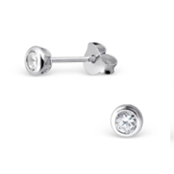 B109-C14420 -925 Sterling Silver Child's Tiny Round Ear Stud With Cubic Zirconia - Clear Cz