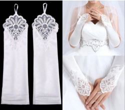 Wedding Bridal White Elbow Length Satin Fingerless Gloves With Pearls - One Size Fits Most