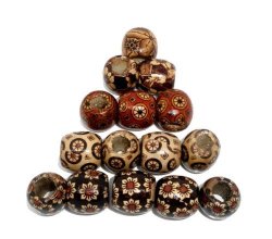 200 Painted Wood Barrel Drum Beads Mixed Patterns 17MM X 16MM With Large 7.4MM Hole