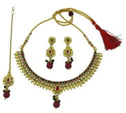 Ethnic Gold Tone Indian Women 3PC Necklace Earring Maang Tikka Set Party Jewelry IMOJ-BNS29A
