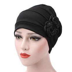 Raylans Women Flower Elastic Turban Beanie Head Wrap Chemo Cap Hat BLACK1