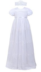 Baby Girls Newborn Christening Embroidered Gown Dress Outfit With Headband 0-15M