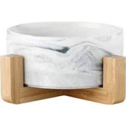 Medium Ceramic Bowl With Wooden Stand White Marble