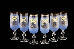 Crystalex 6PC Bohemia Colored Crystal Vintage Enamel Blue Champagne Flute Glasses Set 24K Gold-plated Hand Made
