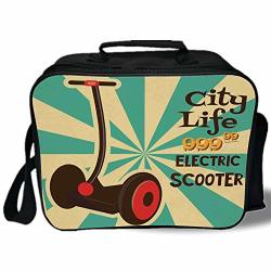 Insulated Lunch Bag Vintage Decor Segway Electric Scooter Icon On Foreground Of Pop Art Style Stripe Urban Transport Multi For Work school picnic Grey