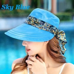 Summer Style Women Foldable Wide Large Brim Floppy Beach Gorro Hat - Sky Blue