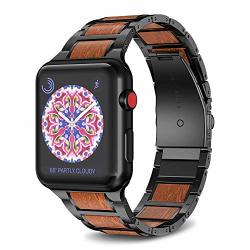 Notocity Compatible With Apple Watch Band 42MM 44MM Stainless Steel Natural Wooden Red Sandalwood Watch Strap For Men Women Black