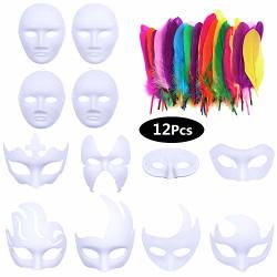 Aniwon White Diy Masks With Feathers 12-PACK Paper Blank Plain Full Face Half Face Masks Natural Feathers Colors Set For Halloween Mardi Gras Cosplay