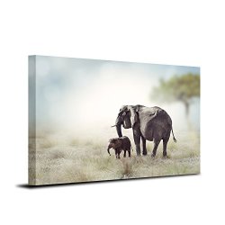Royllent 1 Panel Framed Wall Decor Art Grassland Elephants Painting The Picture Print On Canvas For Home Decor Decoration Gift Piece Stretched By Wooden