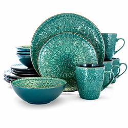 Elama Round Stoneware Embossed Dinnerware Dish Set 16 Piece Ocean Teal And Green